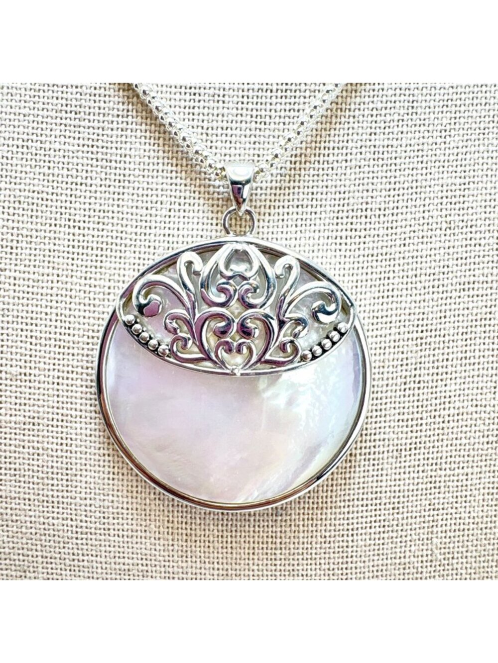 Mother of Pearl Scroll Pendant Necklace Sterling Silver 925 Size 23.5" Length
